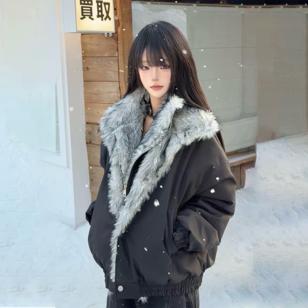 Faux-Fur Trim Black Winter Coat